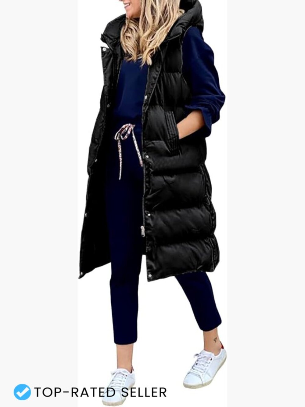 Hooded Long Quilted Puffer Vest Full-Zip Sleeveless Winter Coat